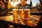 three glasses of steamed fresh beer on a wooden table against the background of an old city street cafe