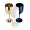 Three glossy plastic blue, white and golden Wineglass  for gourmets. Isolated glass cup on white background