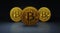 Three gold bitcoins on blue reflective surface, 3d Rendering