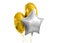 Three gold and silver helium balloons on white