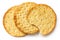 Three golden cheese crackers on white