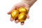 Three golden egg un the hands. For easter theme design, wealth concept