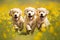 Three golden retriever puppies running through field of yellow flowers. Generative AI