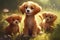 Three golden retriever puppies and a small kitten sitting on the floor Ai generative