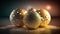 three golden and white christmas balls on a dark background with sparkles and a spot of light in the middle of the image, with a