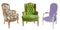 Three gorgeous vintage armchairs isolated on white background. Armchairs with color, green and purple upholstery