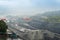 The Three Gorges Dam shrouded in mist.