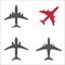 Three gray passenger planes and one red