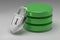 Three green disks in stack and locked steel padlock. Data or database under protection. Concept of data security