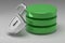 Three green disks in stack and unlocked steel padlock. Access granted to Data or Database. Concept of data security