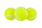 Three green tennis balls on white background isolated close up, yellow tennis balls set cutout, sport equipment, nobody, studio sh