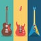 three guitars instruments musicals set icons in colors backgrounds