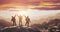 Three guys meet the dawn on the top of the mountain. 3d rendering