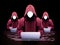 Three hackers without face. Concept of red hat, hacker group, organization or association