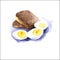 Three half boiled eggs with yellow yolks and two slices of black bread. Hand drawn watercolor illustration, isolated.