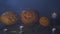 Three Halloween pumpkins head jack lantern with burning candles over black background. Halloween holidays art design