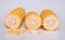 Three halves of a corncob.Corn grains.White background.Front view.