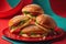 Three hamburgers on red plate with red and blue background. generative ai