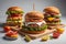 Three hamburgers on wooden cutting board with tomato and cucumber. generative ai