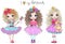 Three hand drawn beautiful cute little princess girls. Vector illustration.