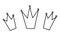 Three hand drawn crown icon for Three Kings Day, Epiphany feast day. Vector illustration in black outline isolated on