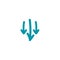 Three hand drawn shabby blue arrows down icon. download sign. Fall