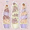 Three hand drawn vector tall cupcakes. Pastel colors cute food illustration. Use for birthday and wedding invitation