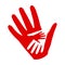 Three hands on hands, charity icon, organization of volunteers, family community - vector