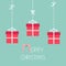 Three hanging giftboxes. Dash line with bow. Candy cane. Merry Christmas. Flat design. Blue background.