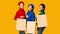 Three Happy Buyers Women Standing With Blank Shopping Bags, Studio