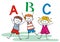 Three happy children and ABC letters, vector icon