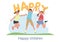 Three happy children jumping and cheering with party balloons