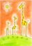 Three happy giraffes, child\'s drawing, watercolor painting