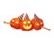 Three happy pumpkins in party hats with party blowouts on a white background.