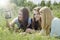 Three happy young girlfriend doing selfie by phone