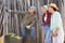 Three hardworking farmers, communicate during the break