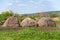 Three haystacks in village on the rural landscape