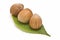 Three hazelnuts on a leaf.