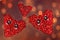 Three hearts made of pomegranate seeds with muzzles on a background with bokeh