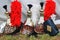 Three helmets at Borodino battle historical reenactment in Russia