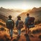 Three hikers admiring a sunrise over misty mountains, embodying the spirit of adventure and exploration.