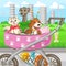 Three home dogs in stroller during walking in park - vector illustration