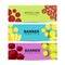 Three horizontal banners with colorful compositions of whole and chopped fresh vegetables and fruits