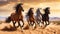 Three horse with long mane run gallop in desert