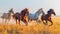 Three horses running in a field, dynamic outdoor scene