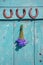 Three horseshoes and bunch of cornflowers hanging on oldwooden door