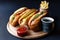 Three hot dogs, ketchup, coffee, French fries lying on the wooden plate.  Mock up