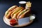 Three hot dogs, sause, ketchup, coffee, French fries lying on the wooden plate.  Mock up