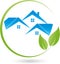 Three houses and leaves, plant, real estate and eco houses logo