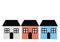 Three houses with window, door, and roof, various colours, vector icon